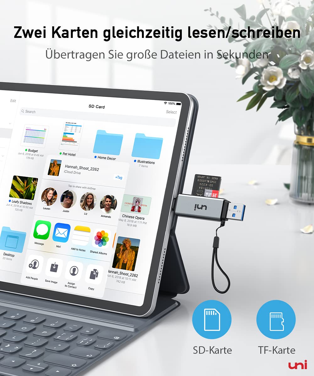 uni SD Kartenleser, Dual USB 3.0 USB C Stecker Kartenlesegerät, Aluminium OTG Adapter SD Card Reader Speicherkartenleser für SD/Micro SD/TF/SDHC/SDXC, iPhone 15-16/Android/Windows/macOS usw.