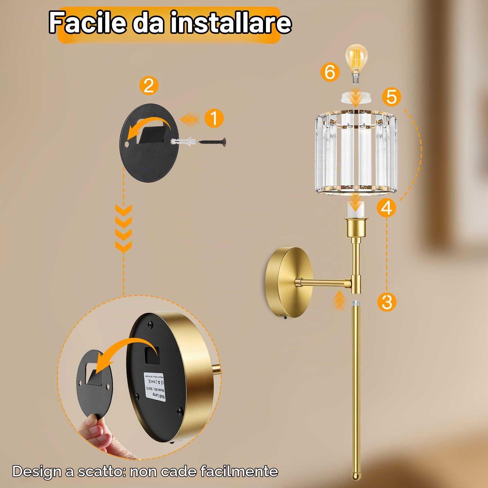 Applique da Parete Interno Dimmerabile, Oro Lampada da Parete Lampade a Batteria, Cristallo Luce Senza Fili Interni 3000K 4000K 6000K per Camera da Letto Scale Corridoio - 2 Pezzi