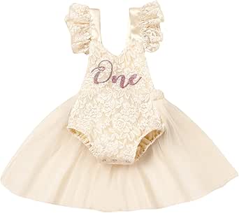 IMEKIS Baby Girl 1st Birthday Princess Tutu Dress - Lace Romper With Headband For Cake Smash Photos