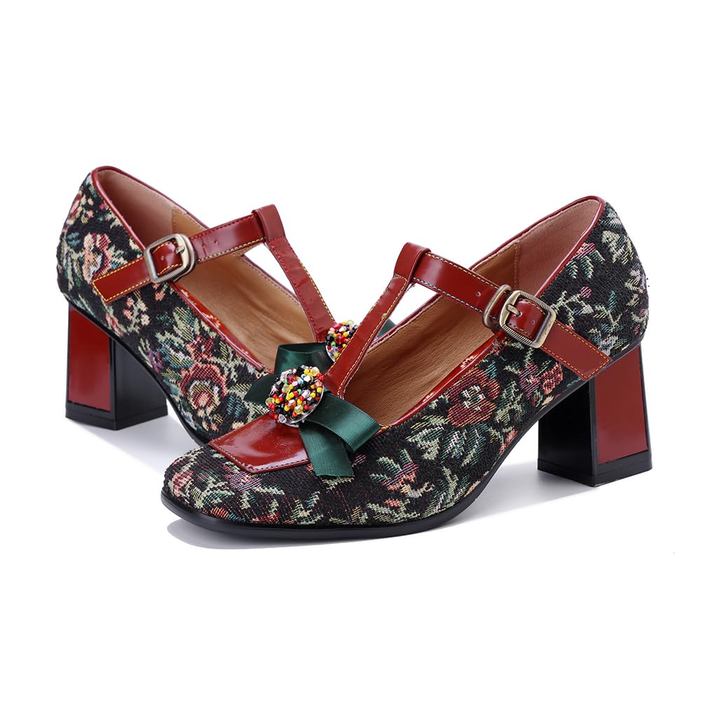 Little KAKA Damen Leder T Strap bunten Mary Jane Schuhe Block Heels Mary Jane Dressing Schuhe