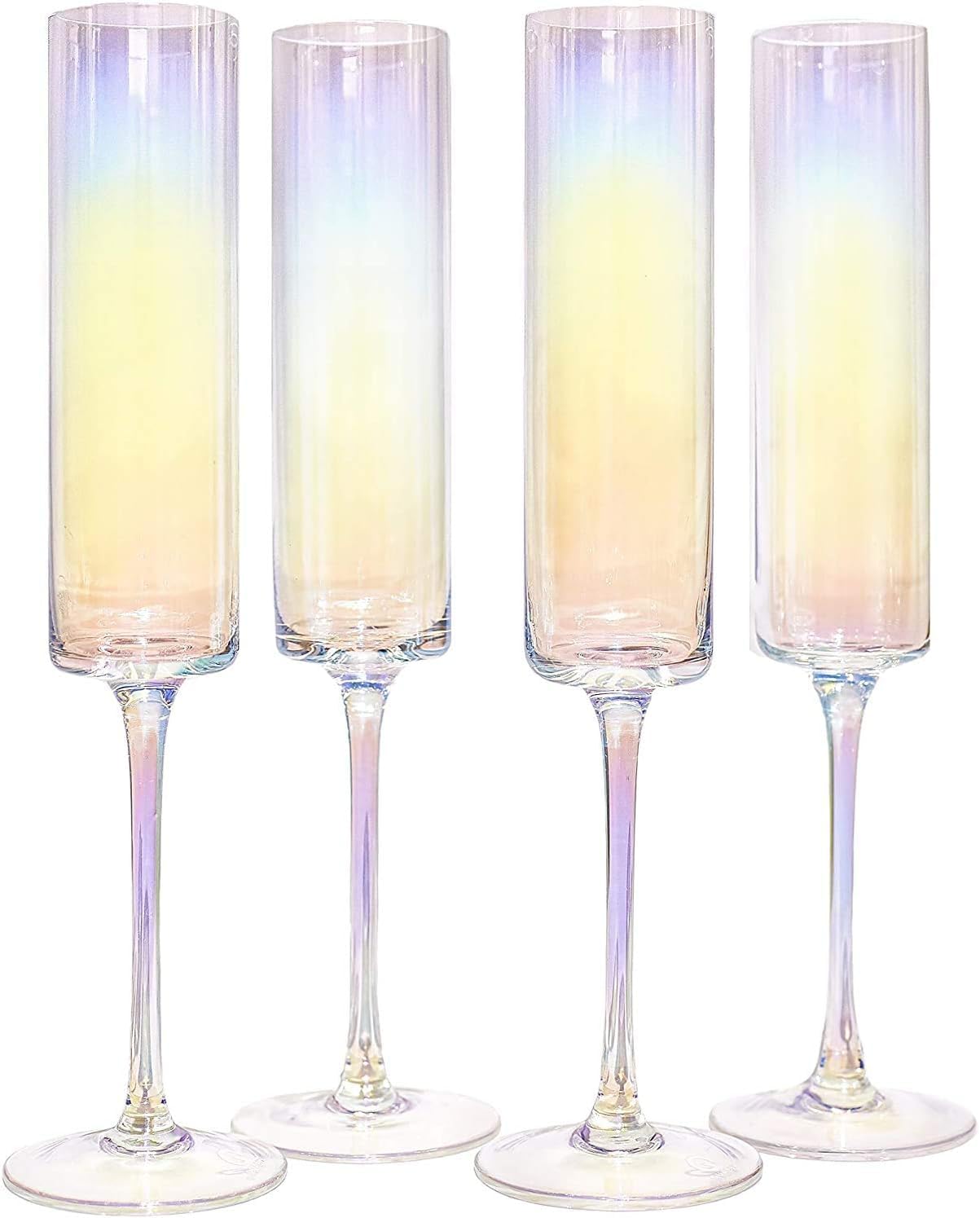 Maison & White Edge Champagne Flutes - Set of 4 | Flat Bottom Wine Glasses | Prosecco Glass | Christmas Drinking Glasses | Square Champagne Flutes | M&W (Iridescent)
