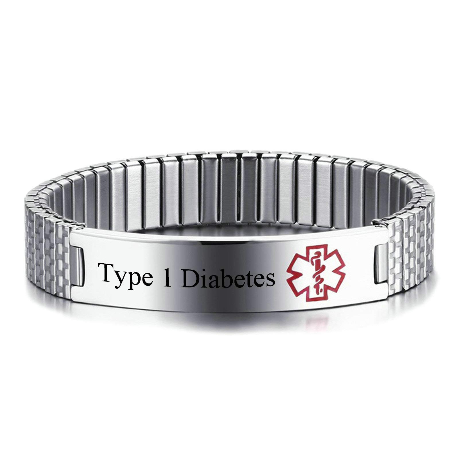 Free Engraving Mens Womens Stainless Steel Medical Alert ID Stretch Allergy Bracelet Silver Black Gold, 6.65-7.67 Inches