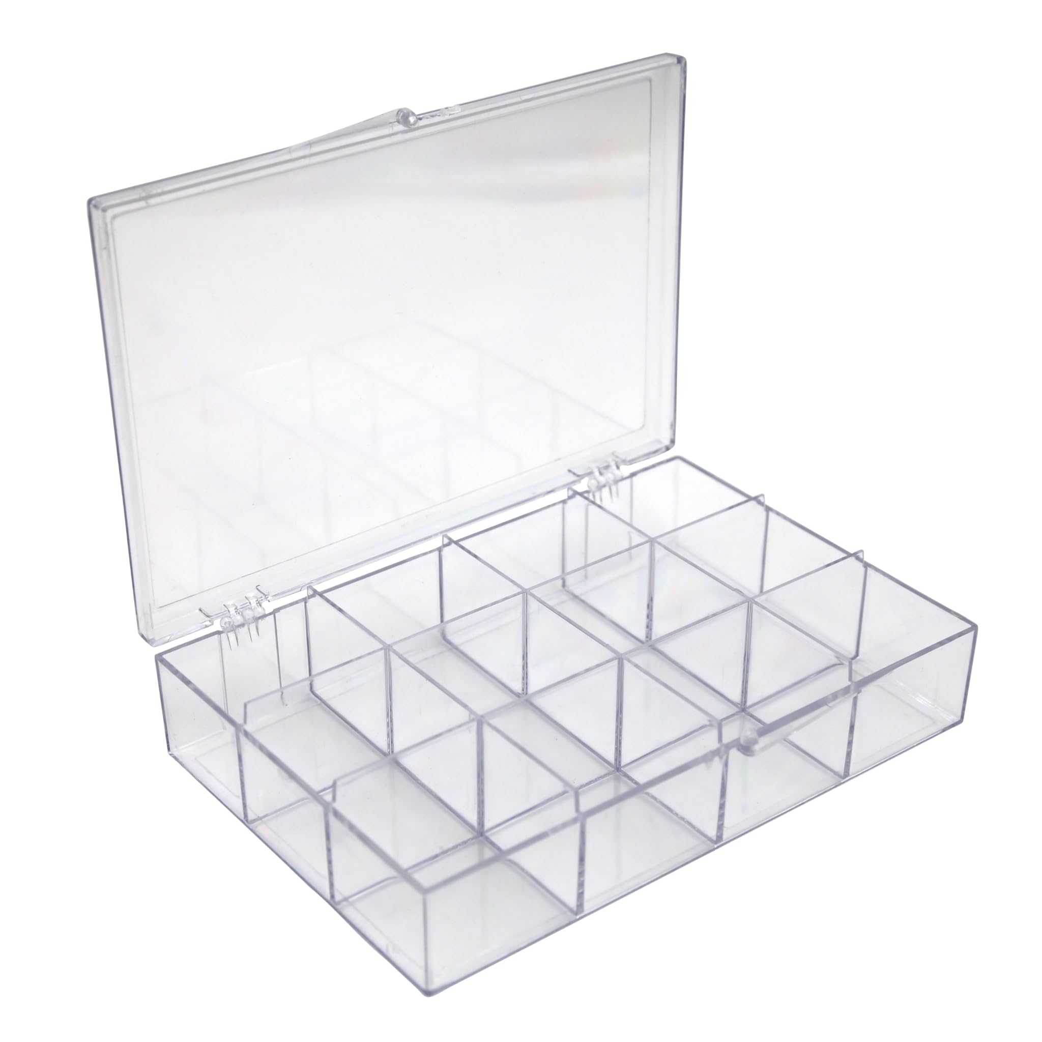 4 Clear Hard Plastic 12-Compartment Tackle Boxes with Hinged Lid, 7 3/8"L x 5"W x 1 1/2"H Made in USA, Acrylic Bead Organizer, Craft Storage, Candy