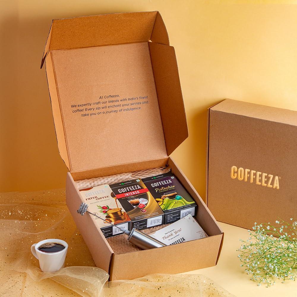 Coffeeza Coffee Pod Gift Box | Pistachio, South Indian Filter Coffee & Intenso | 30 Capsules + Hand Milk Frother | Thoughtful Gift for Coffee Lovers