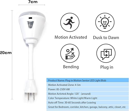 Miniatura 5 de Luz nocturna con sensor de movimiento enchufable, luz LED con sensor infrarrojo de 6 W, luz CA 85-265 V, sensor infrarrojo PIR, lámpara de bombilla