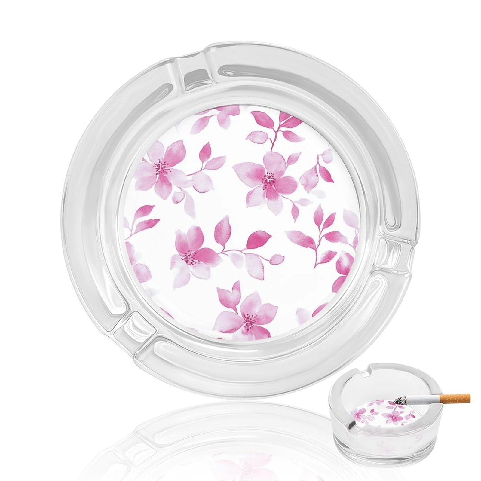 Watercolour Pink Floral Glass Ashtray for Cigarettes Portable Decorative Ash Trays for Home Office Decor