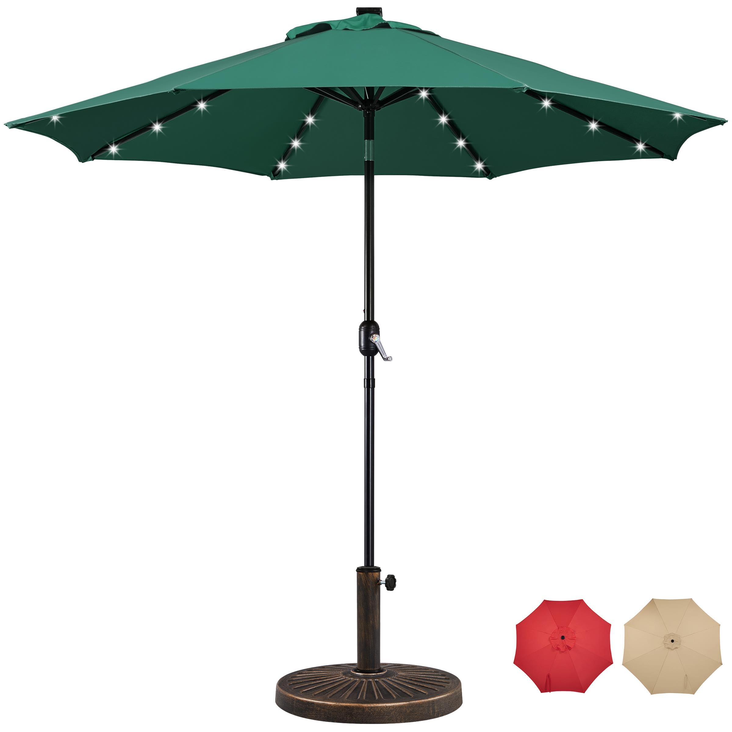 Yaheetech 9FT LED Patio Umbrella Market Umbrella Solar Powered Outdoor Table Umbrella 8 Ribs with 26.5lb Round Umbrella Base All Weather Umbrella Stand for Garden/Lawn/Deck/Backyard/Pool Dark Green