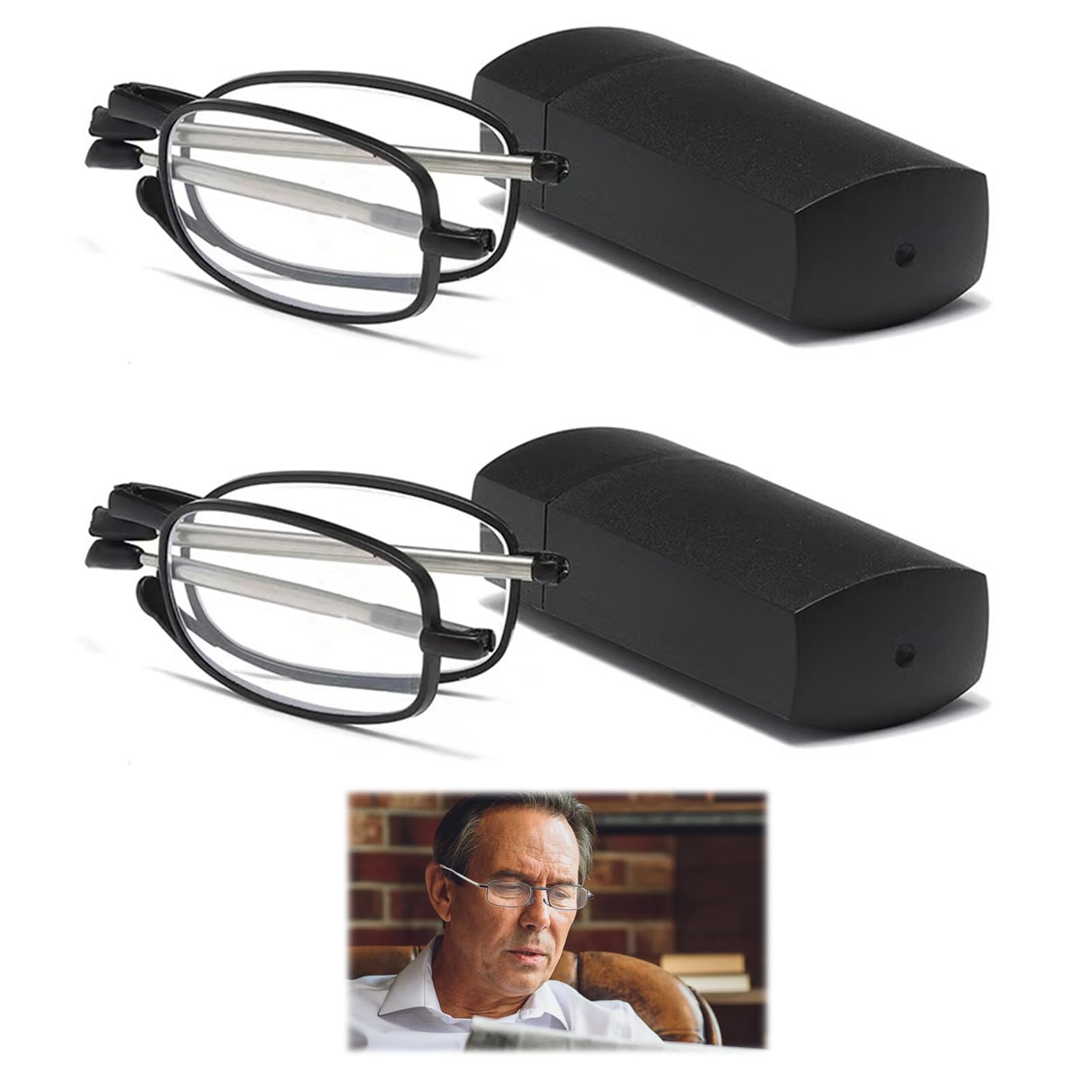 Domicubes 2 Pcs Folding Reading Glasses, Unisex Small Compact Portable Foldable Pocket Sized Mini Readers with Flip Case, Stylish Blue Light Blocking Reading Glasses for Men Women (Black, 2.0)