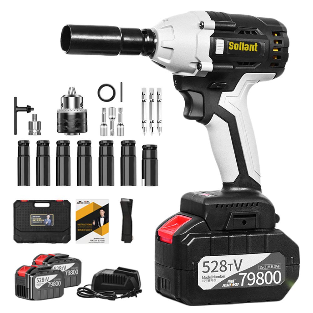 Sdydsge One Color Drill， Max 980N.m Electric Impact Wrench Cordless Power Screwdriver 1/2 Inch Socket + 2 X 30000 Li Battery Includes Complete Accessories