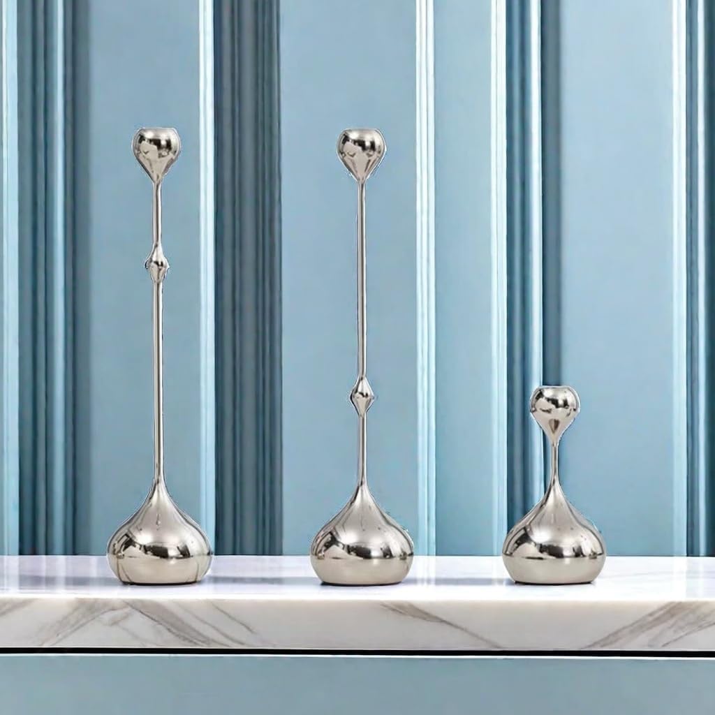 Vintage Decor Elegant Silver Teardrop Candle Holder Set - 3 Piece Set of Conical Candles 13.7"/13.7"/5.9"/Home Decoration Lovers Table Candle Holder, Wedding Table Decor candlesticks - Image 9