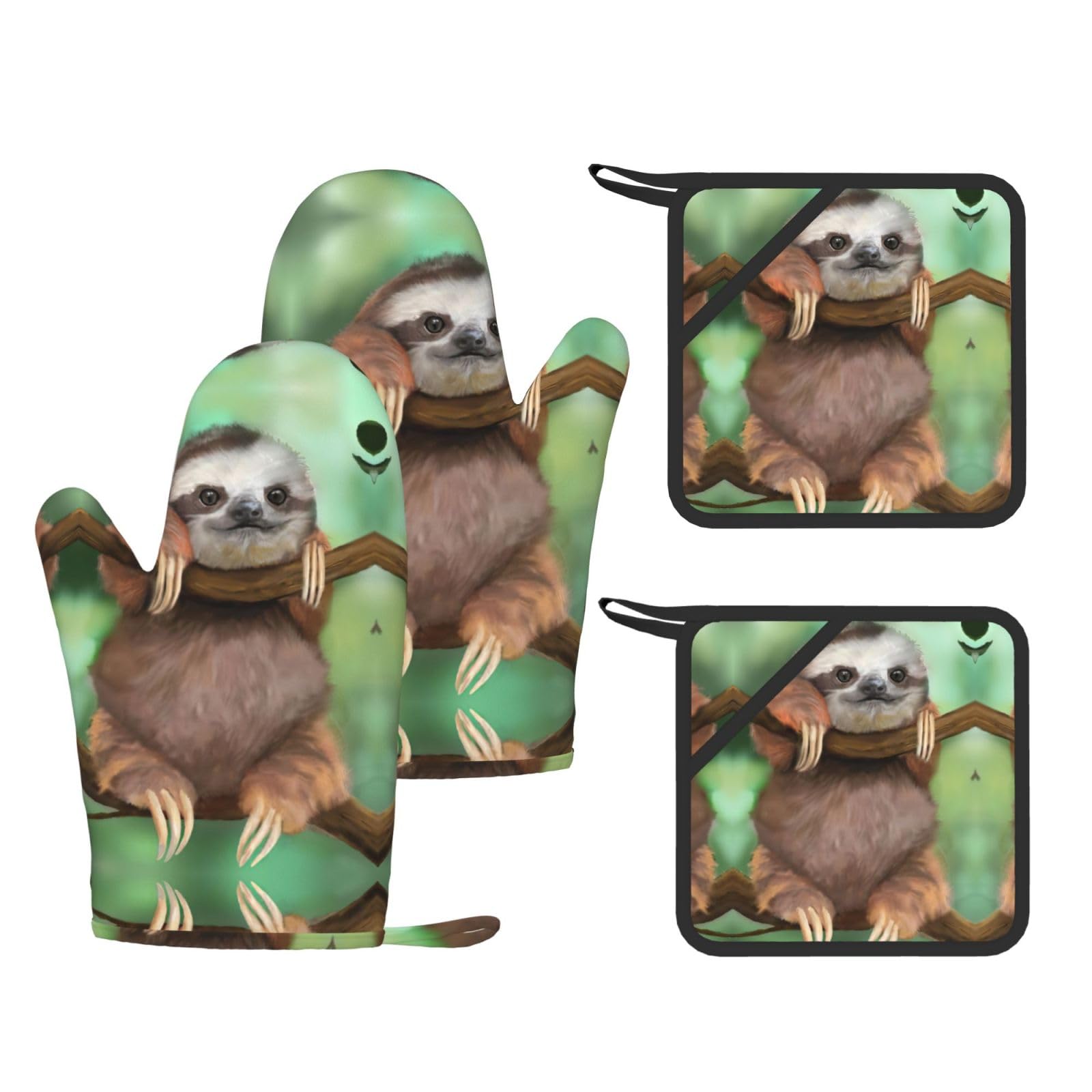 Sloth Printed Cooking Mitts and Pot Holders 4 Pcs, Heat Resistant Oven Gloves with Hanging Loop Chef