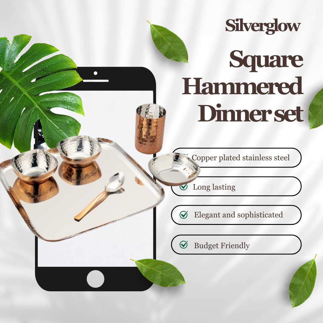 Silverglow Premium Stainless Steel Copper Dinner Set for 4 People | Square Family Dinner Set | 24-Piece Gift Pack | Dinner Plates, Bowls, Spoons, Tumblers | Festive Gift | Wedding, Diwali, Rakhi — Amazon image 7