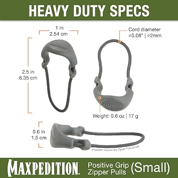 MAXPEDITION Positive Grip Zipper Pulls (Small, Gray) Pack of 6, Zipper Pull Replacement for Tactical Backpack, EDC Pouch, Bug Out Bag & Luggage, Sling Pull Tab, PZSGRY