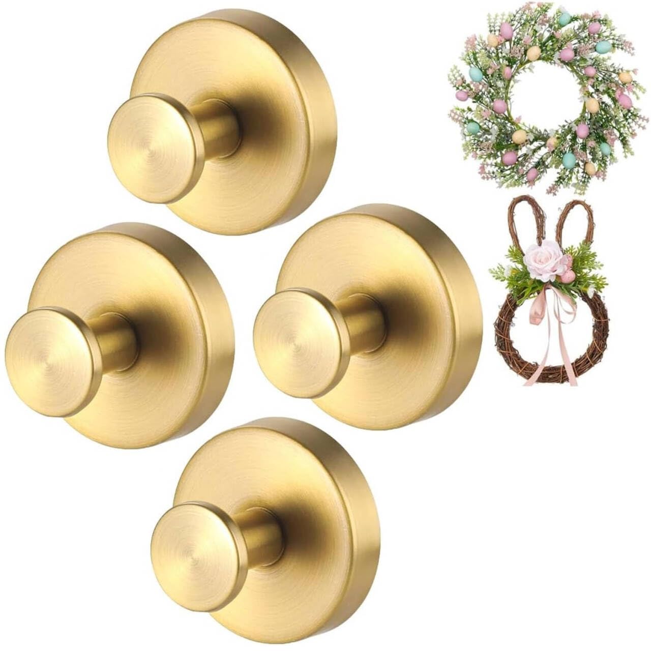 Gold Wreath-Hanger, 15 LB Strong Stainless Steel Suction-Cup-Wreath-Hooks, 4 Pack Wreath-Door-Hanger Fall Halloween Christmas Decorations, Welcome Sign for Front Door Indoor Outdoor (4 Gold, 4)