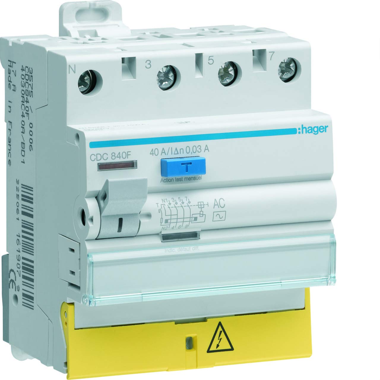 interrupteur différentiel hager - 63a - 30 ma - 3 pôles + neutre - type ac - vis / vis