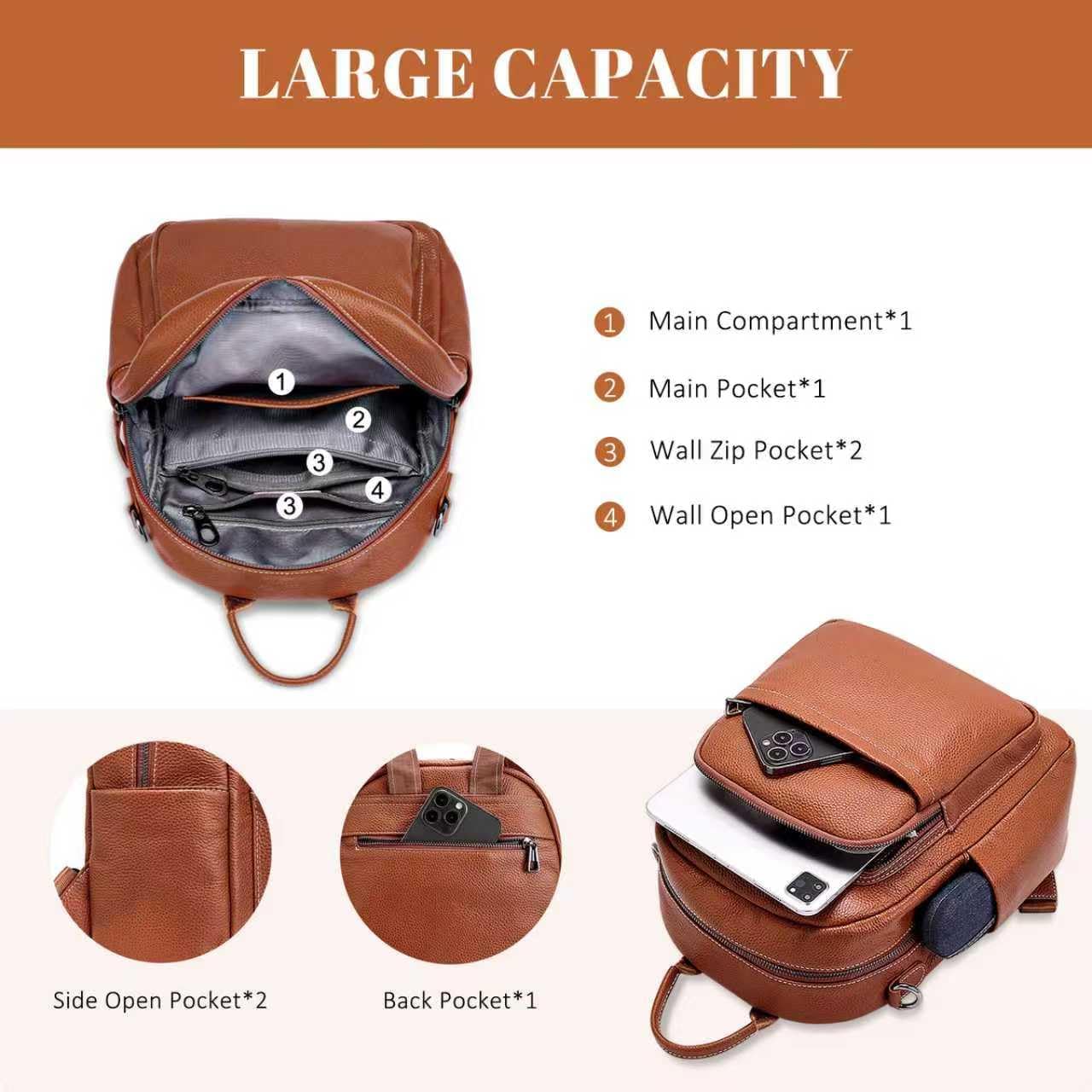 BOYATU Genuine Leather Backpack Purse for Women: Anti Theft Convertible Soft Backpacks - Elegant Womens Travel Backpack (01 Medium-Caramel Brown) - Image 6