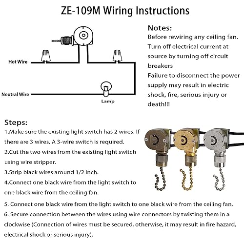 Miniatura 5 de Interruptor de luz para ventilador de techo, metal Zing Ear ZE-109M, interruptor de cadena de encendido y apagado de dos cables, compatible con luz