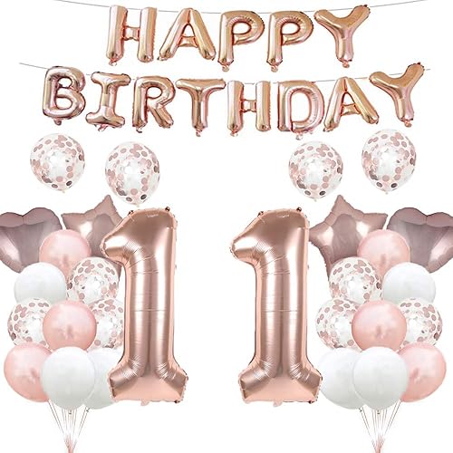 GLZLMM Globo de cumpleaños número 11, decoraciones de cumpleaños número 11, globos de color oro rosa con el número 11, suministros de fiesta de