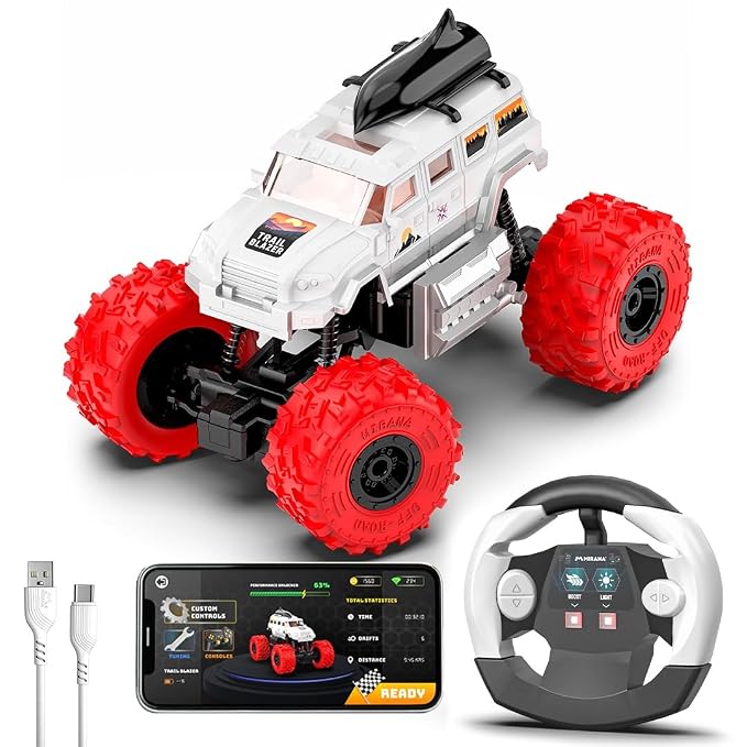 Cockatoo-Kids Trailblazer 2WD Rechargeable Remote Control Car with App & Remote, Off-Road Monster Truck Toy for Boys Girls, Nitro Boost, Shock Absorber, Bluetooth Speaker, Fast USB Charging, White