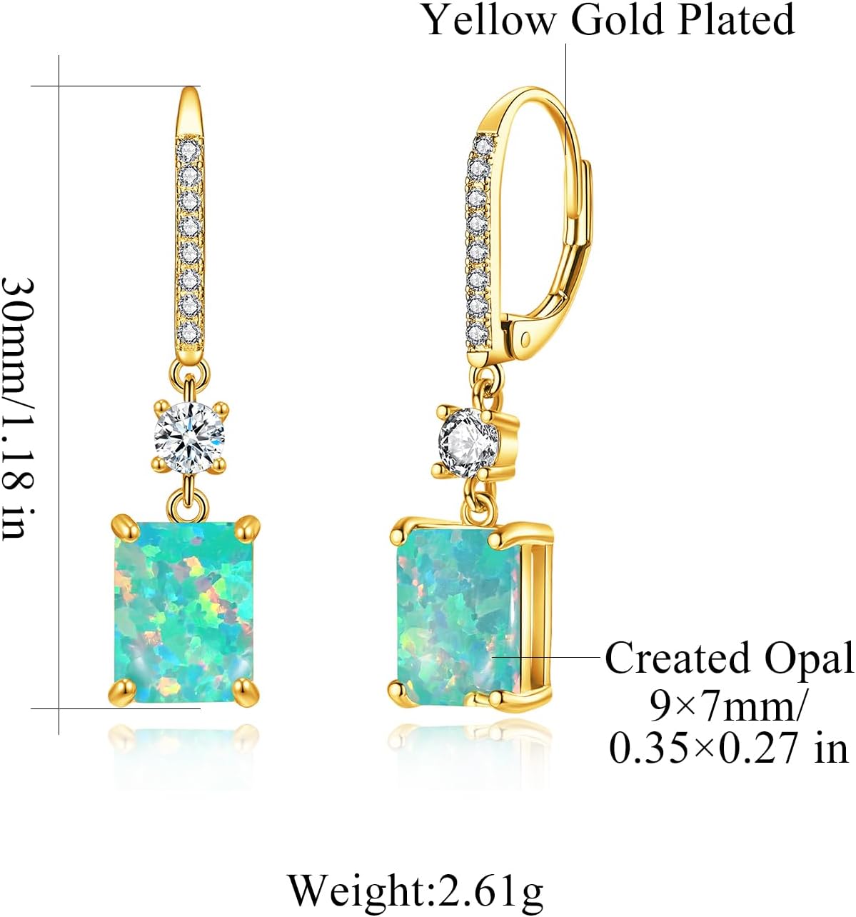 CiNily Rectangular Cut-Opal Earrings for Women Trendy Leverback Drop Earrings Hypoallergenic, Pendant Earrings 14K Gold Plated Hanging Lever Earrings Big Opal Hoops Fashion Jewelry Gifts for Sensitive Ears - Image 3