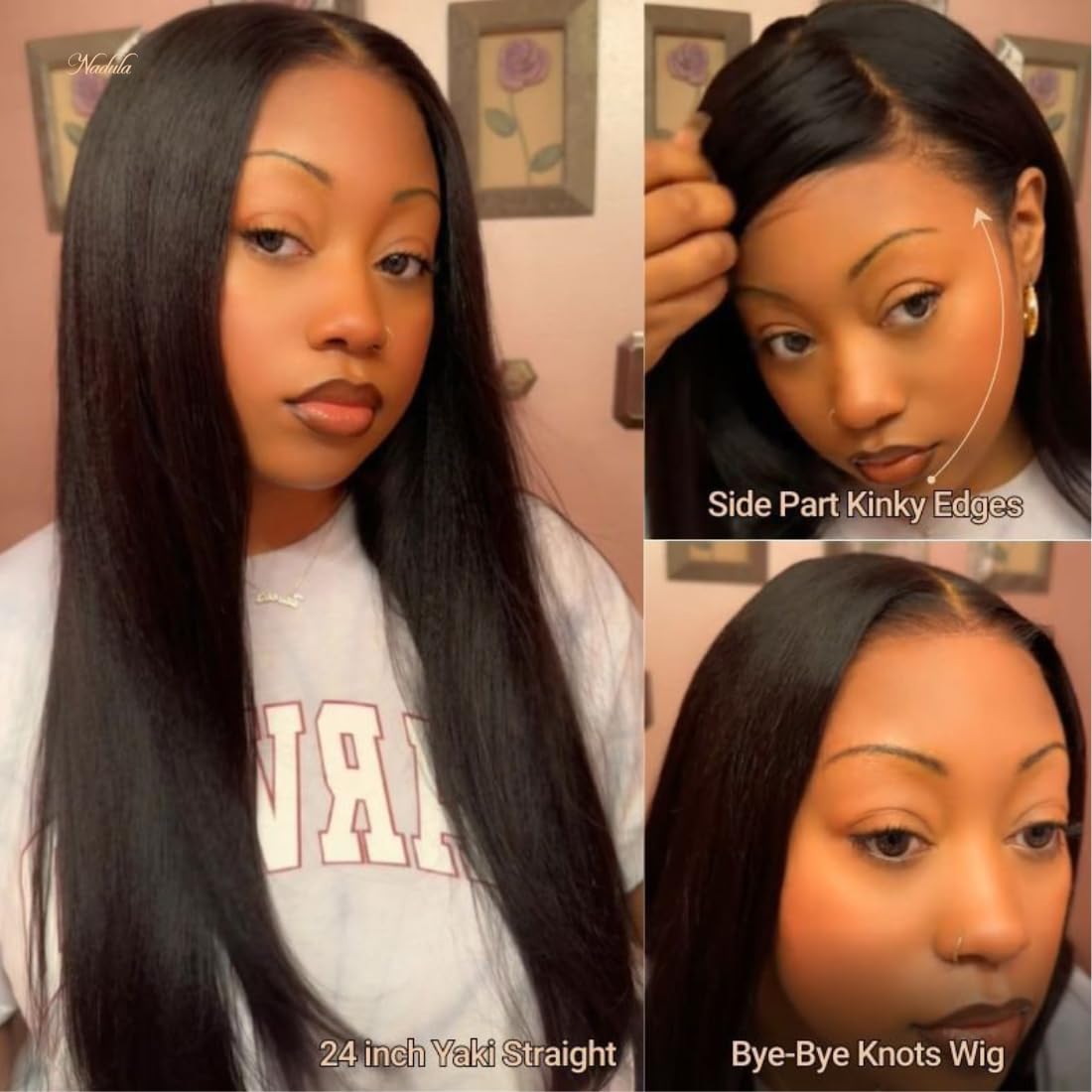 Nadula 13x6 Pre-Everything Glueless Yaki Straight with Kinky Edges Hairline, 13x6 HD Lace Front Ear to Ear Put on and Go Light Kinky Straight Wig 24inch