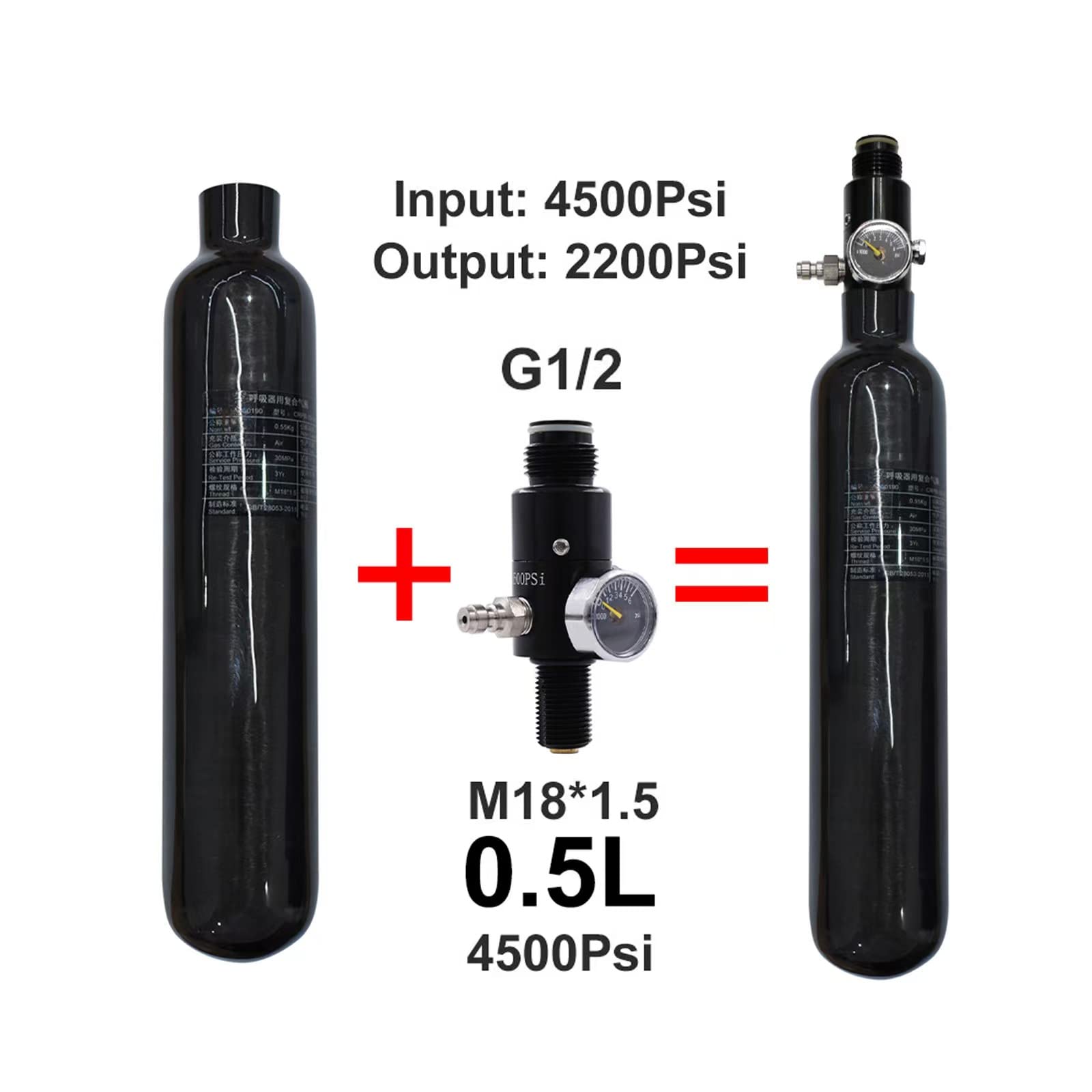 TUXING Serbatoio in fibra di carbonio 0,5L, 4500Psi PCP HPA Serbatoio Aria Cilindro Composito con valvola di regolazione Manometro Pressione di uscita 2200Psi