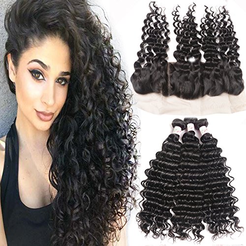 Deep Wave Bundles With Frontal 8A Brazilan Hair 3 Bundles With Lace Frontal Closure 13x4 Ear To Ear Lace Frontal With Baby Hair Unprocessed Virgin Human Hair Extensions Natural Color(24 26 28+20)