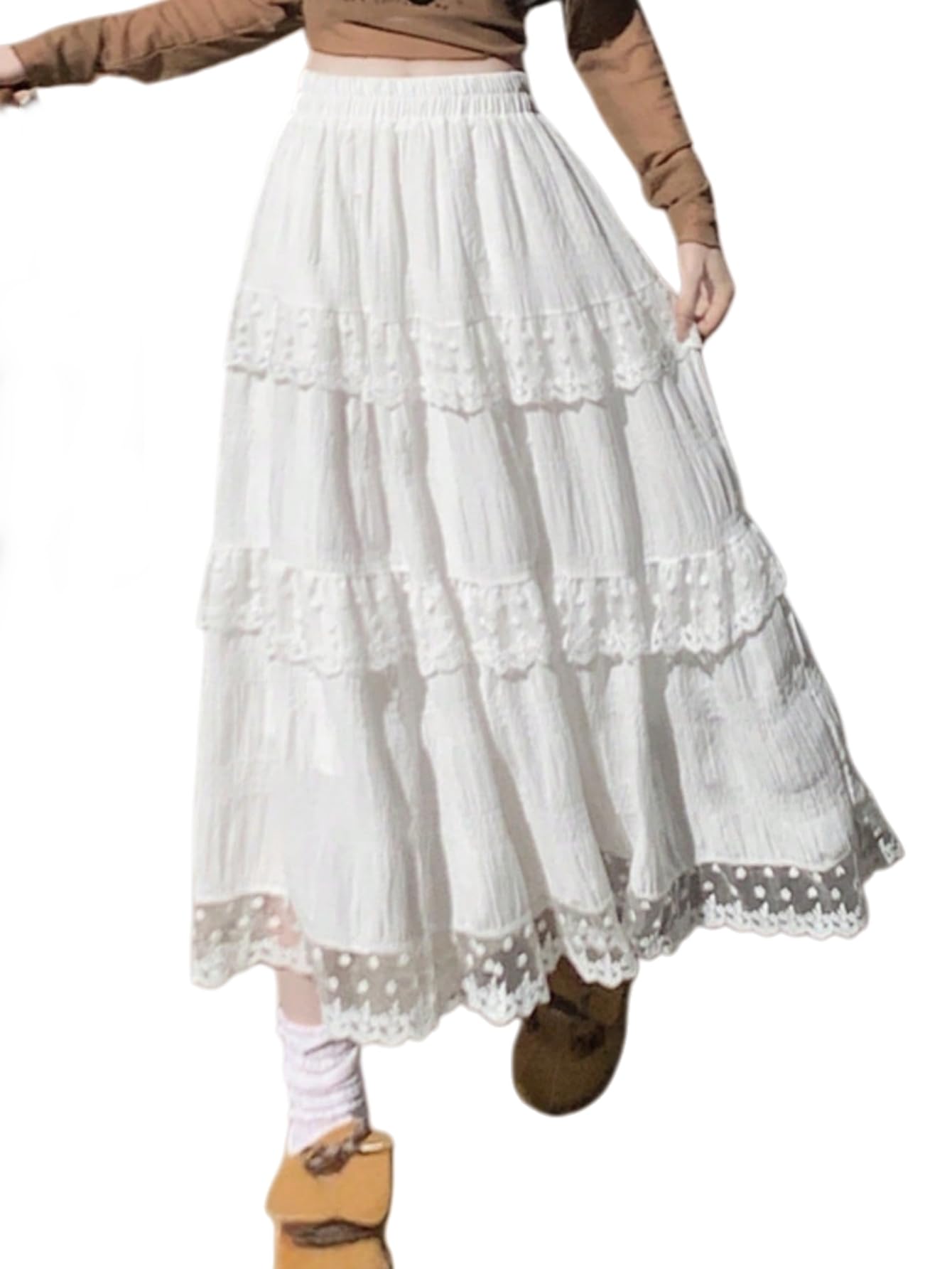 SHENHE Womens Tiered Maxi Skirt Ruffle Lace Embroidered A Line Flowy Elastic Waist Fall Skirt