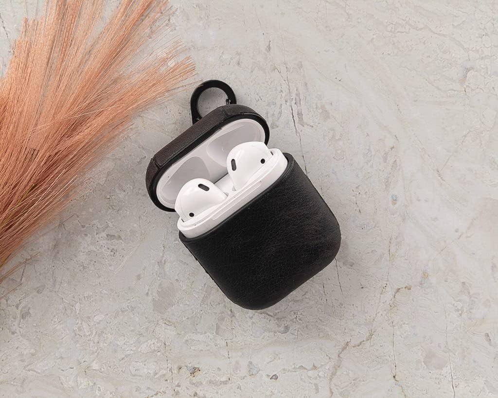 HARDISTON Genuine Leather Handmade AirPods 1-2 - Hard Case with Keychain Clip - Support Wireless Chargers - Compatible with AirPods 1-2 (Black)
