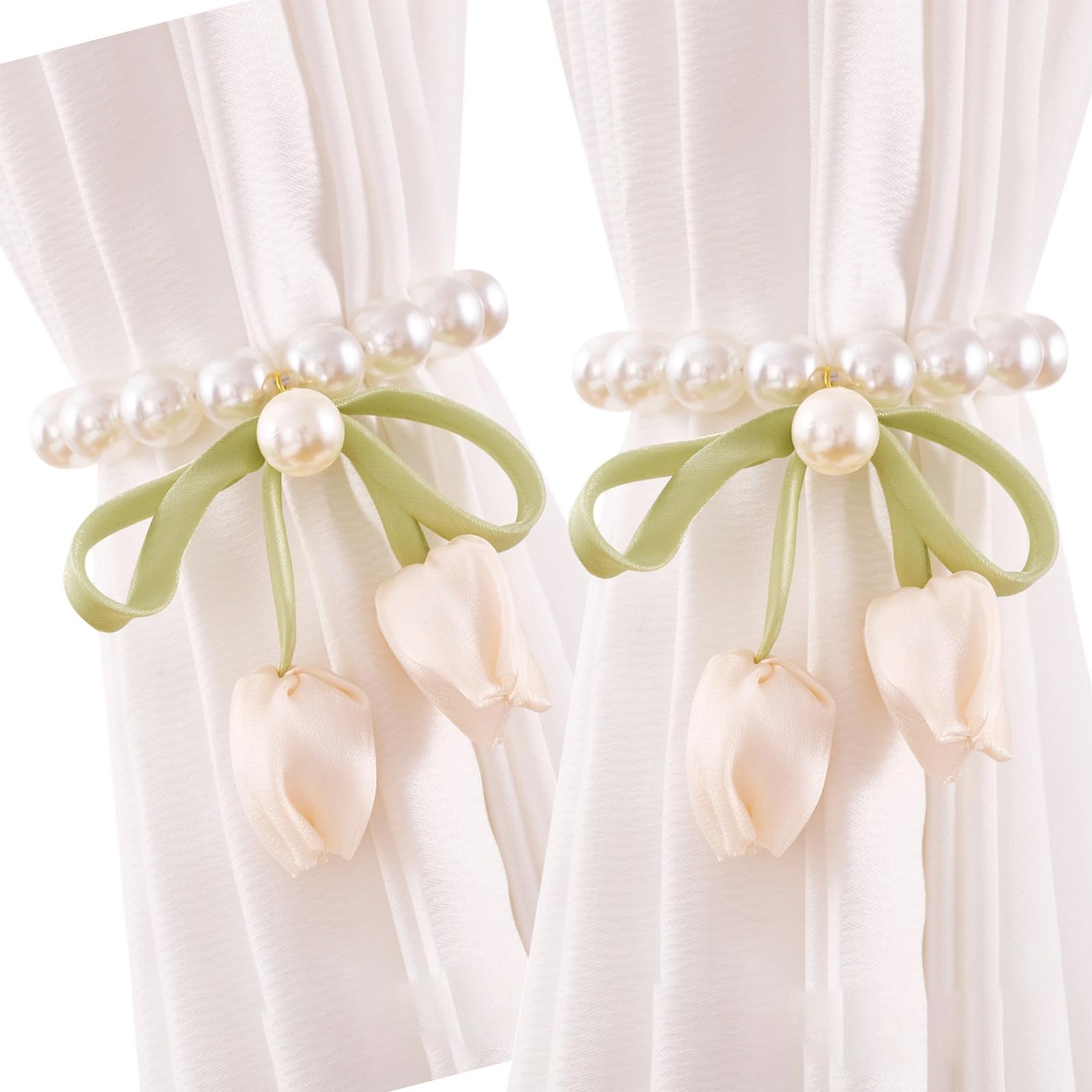 hogtnd 2 Pieces Magnetic Closure Curtain Holdbacks Tulip Bow Beads Beads Window Curtain Tiebacks for Living Room Bedroom Elegant Curtain Holdback