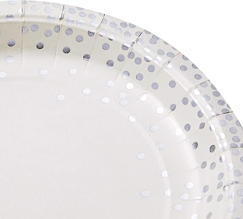 Miniatura 5 de Juvale Juego de vajilla desechable de lunares de 150 piezas, color blanco y plateado, incluye 50 platos de cena de 9 pulgadas y 50 platos de