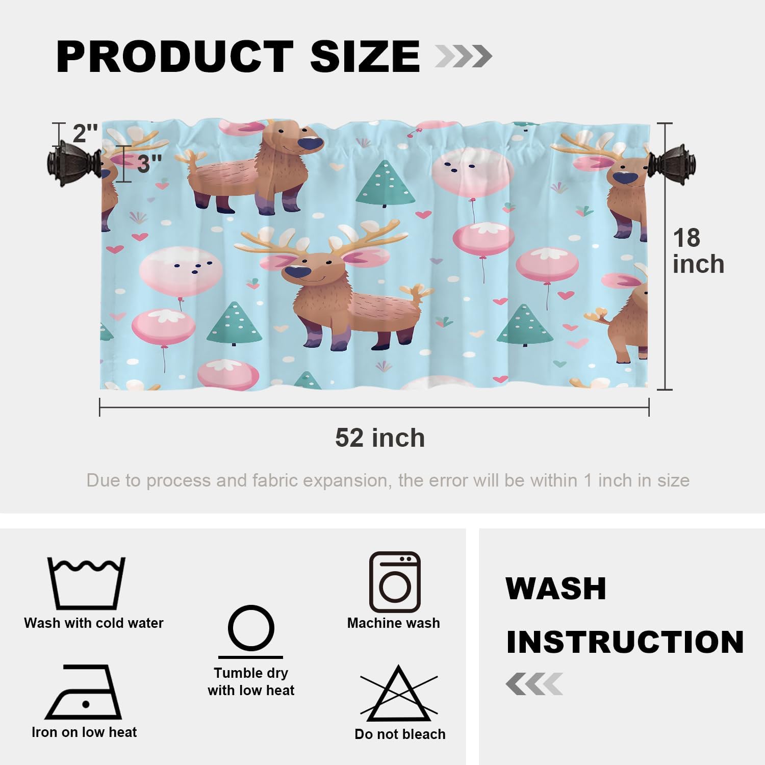 Batmerry Christmas New Year Valance Curtains, Elk Cartoon Cute Pink Balloon Window Treatment Kitchen Valances Multilayer Polyester Blackout for Living Room/Bathroom, 2 Pack 52x18 inches