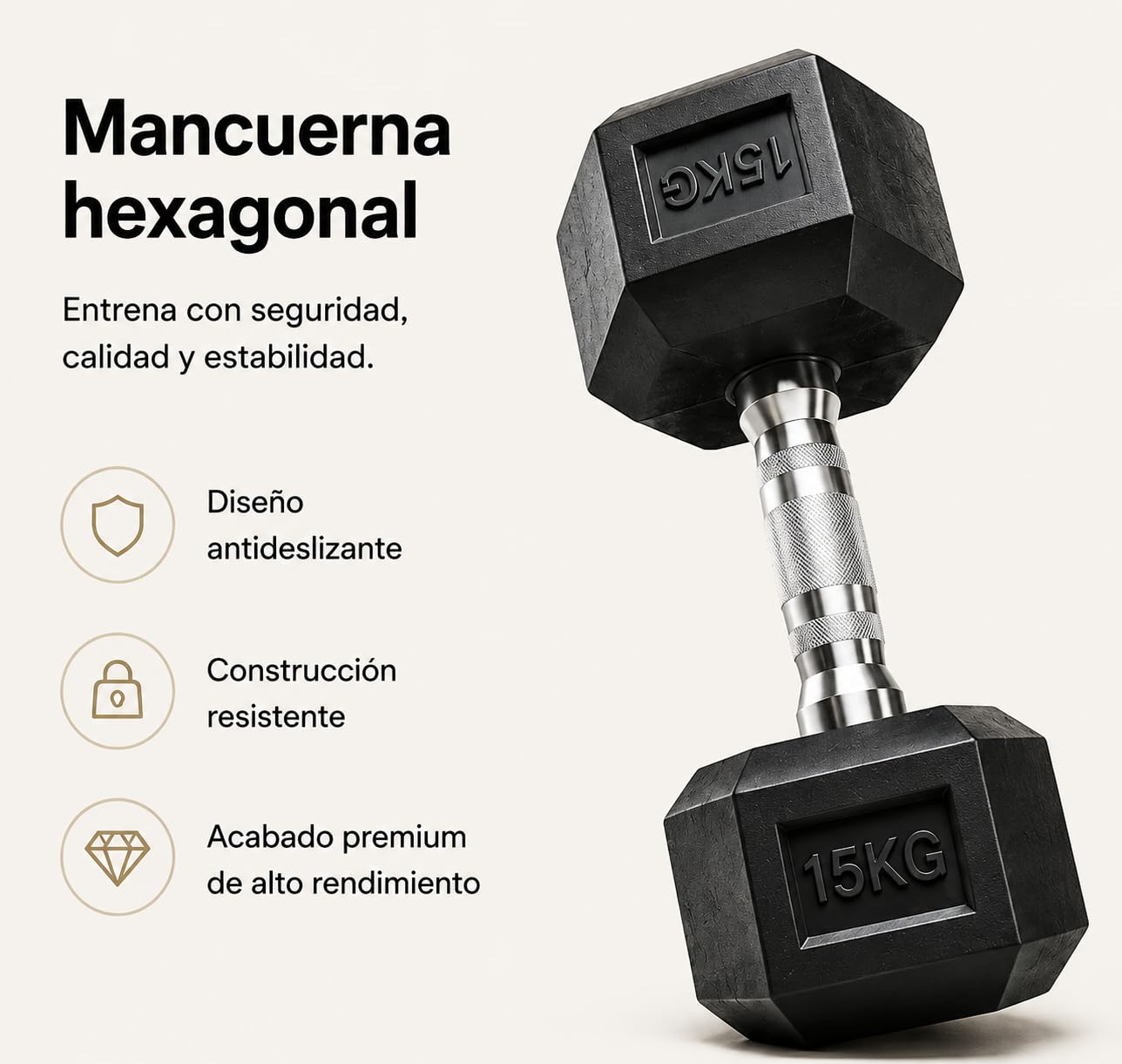 Mancuerna hexagonal 15 kg con mango cromado antideslizante – Recubrimiento de goma, marcado de peso visible, estructura resistente para fuerza y cross training en casa o gimnasio
