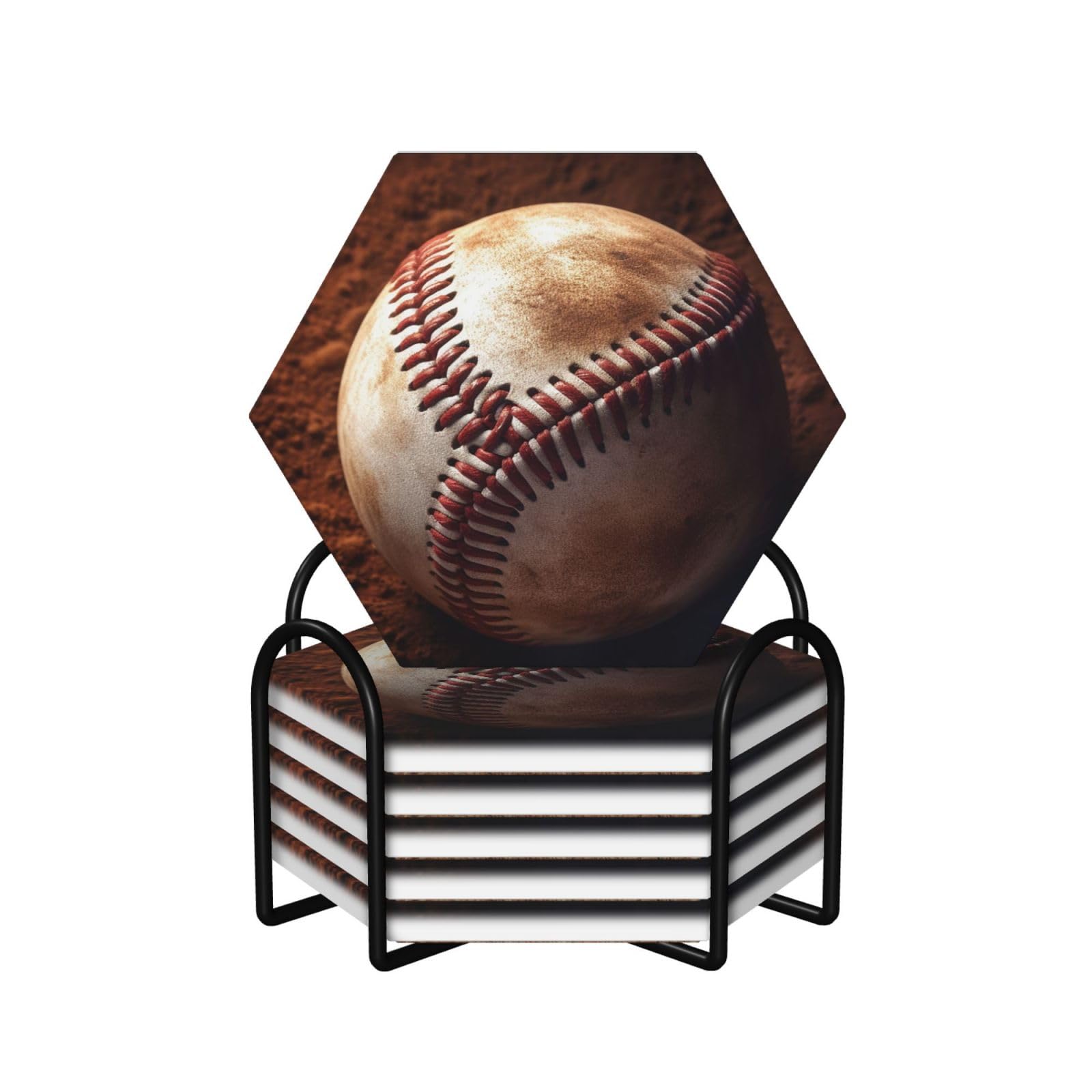 6Pcs Ceramics Coaster for Drinks, Baseball Cup Coasters with Holder, Aesthetic Drink Coasters for Coffee Table, Absorbent Round Coaster for Tabletop Protection 4" Cup Mat Pad