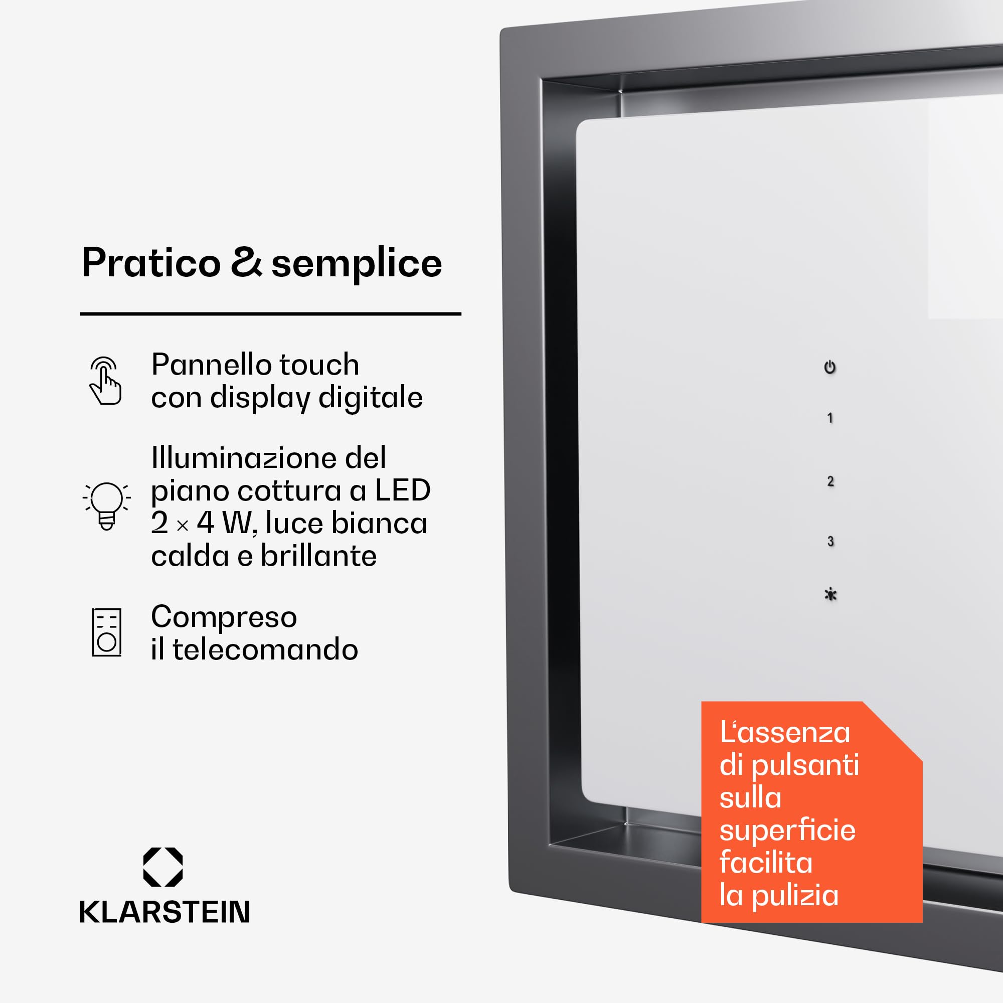 Klarstein - Cappa aspirante con filtro d’alluminio lavabile in lavastoviglie, silenziosa a scarico, 410 m³/ora di flusso d’aria, efficienti cappe a parete con LED & controlli touch