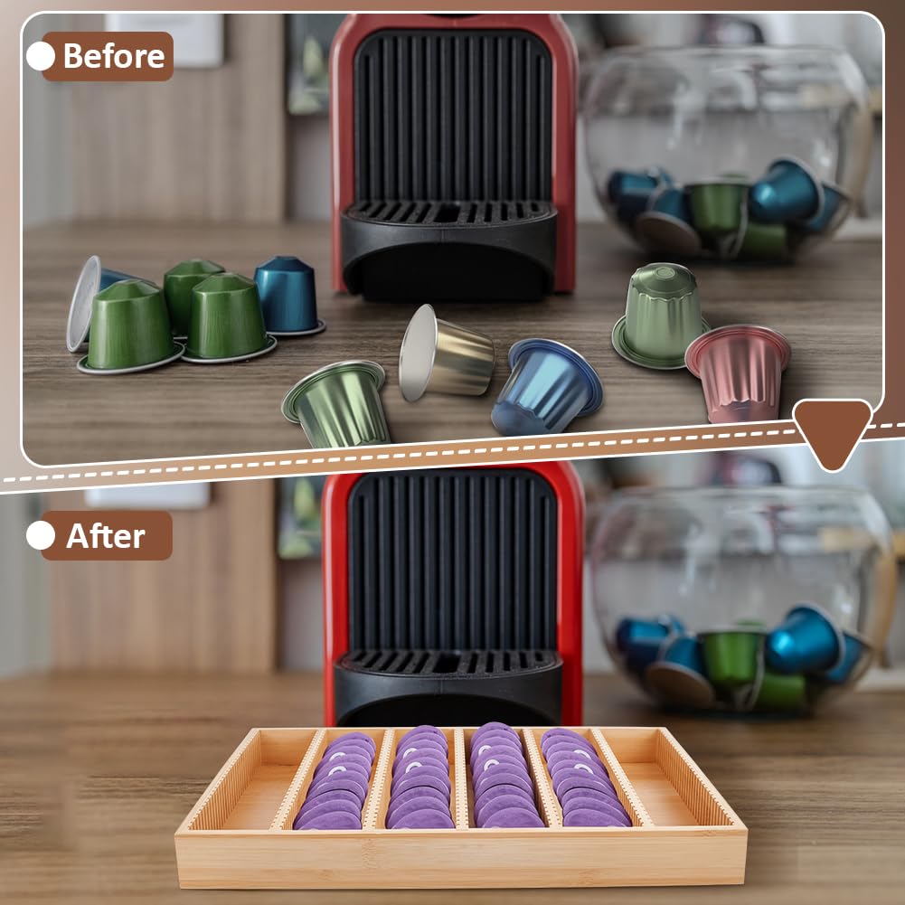 CUTHOLLOW Almacenamiento de cápsulas de café de madera, 40 x 30 x 4 cm, caja de cápsulas de café de bambú, ranura para rueda dentada, compatible con cápsulas Vertuo, dispensador de cápsulas