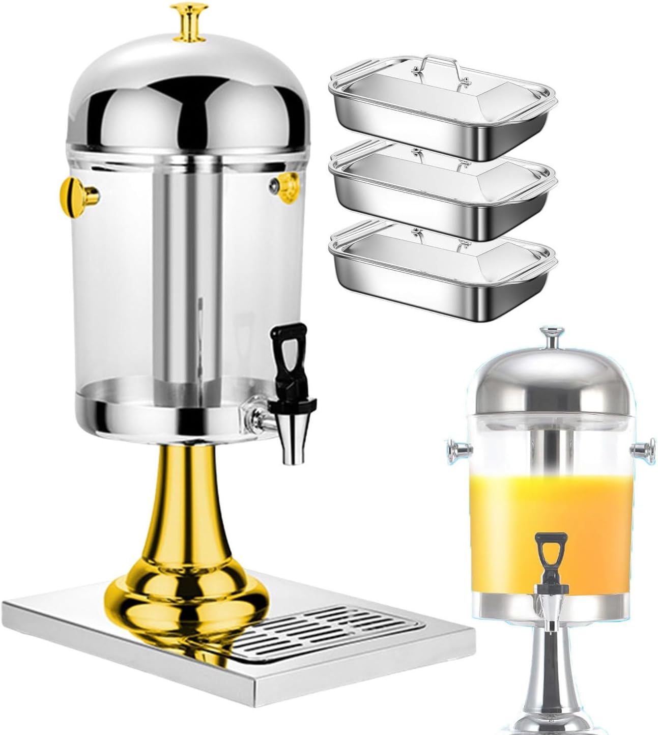 8L Commercial Beverage Dispenser for Buffet Catering | Drink Dispensers & Cold Juice Dispenser with Center Ice Core and Drip Trays for Various Commercial,Gold (Gold)