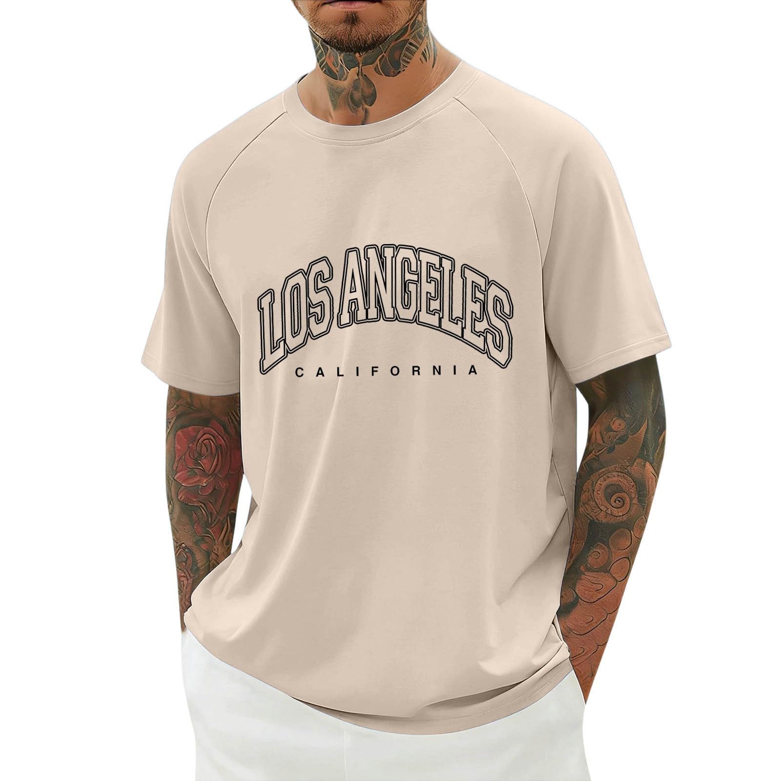 YOSUWOAI T-Shirts for Men, Los Angeles Print T-Shirt, Summer Short Sleeve Crew Neck Tops, Men's Casual Sports Shirt, Loose Tee Shirts, Streetwear, Comfortable, Breathable, Short Sleeve Shirt, O khaki