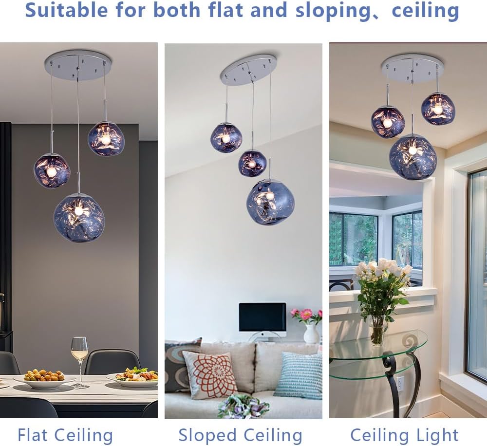 Sedelan Modern Hand-Blown PE Pendant Light with Lava Texture, Modern Nordic Dark Blue 3-Light Cluster Chandelier for Kitchen Island & Dining Room, Adjustable Height for Sloped Ceiling