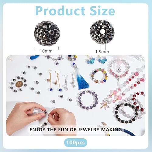 Miniatura 2 de PH PandaHall 100 cuentas de arcilla de hematita con diamantes de imitación negros de 0.394 pulgadas (0.394 in)  cristal de polímero pavimenta bola
