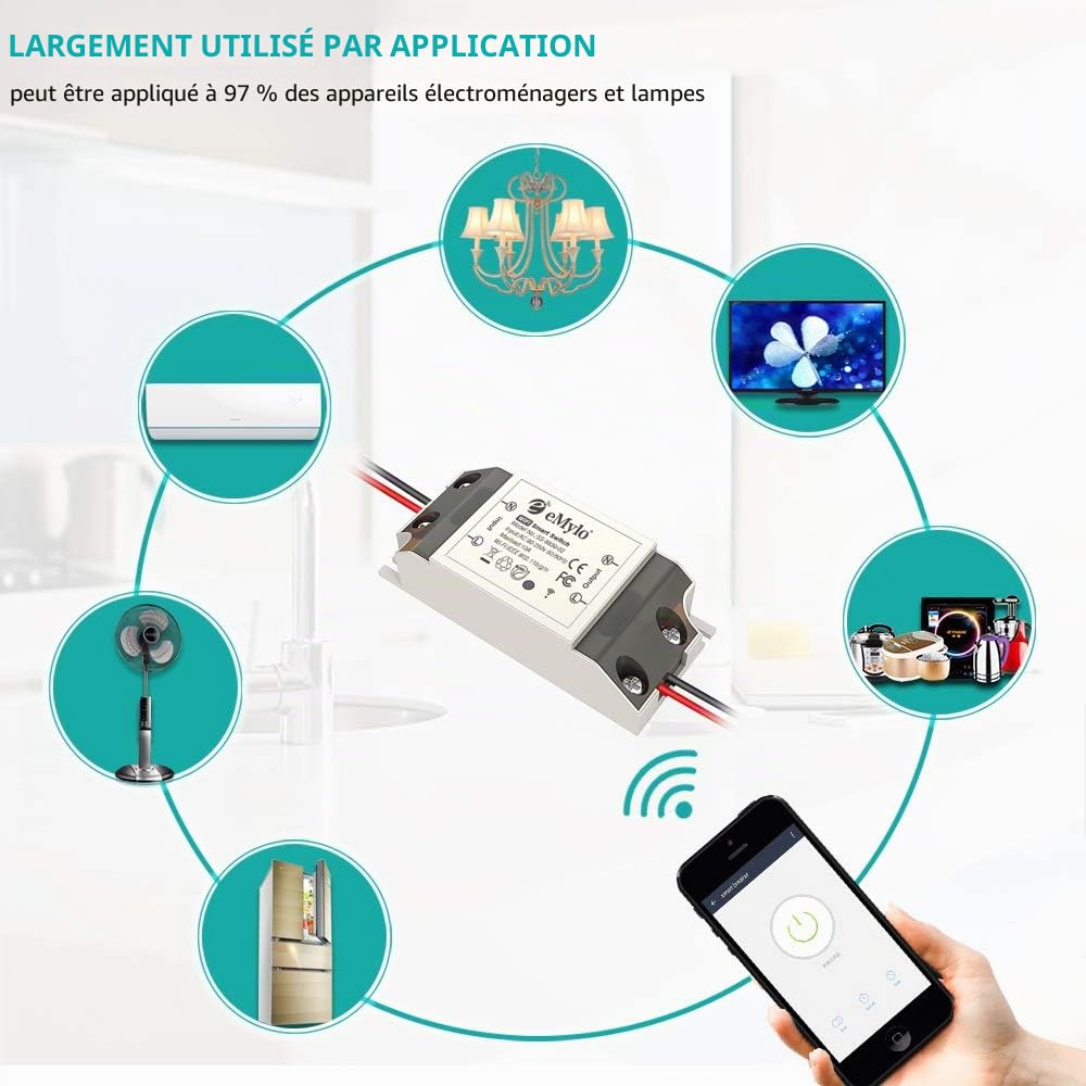 eMylo Commutateur WiFi intelligent Interrupteur d'éclairage WiFi universel Smart Home DIY Module de relais sans fil Télécommande Minuterie Commande vocale avec Alexa, Google Home Via Android IOS 5Pack