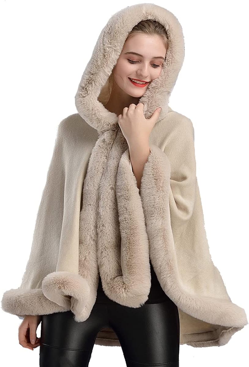 Helan Women's Luxury Faux Fur Warm Cape Cloak Coat Fur Wrap Bridal Stoles Wedding Fur Shawl