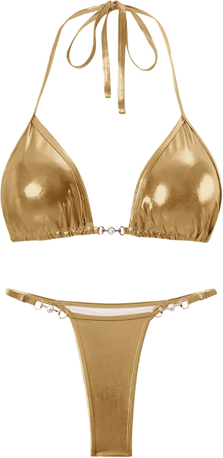 Amy Babe Women's Metallic Triangle Beaded Halter Bikini Sets Brazilian String Thong Two Piece Swimsuit Bathing Suit Set