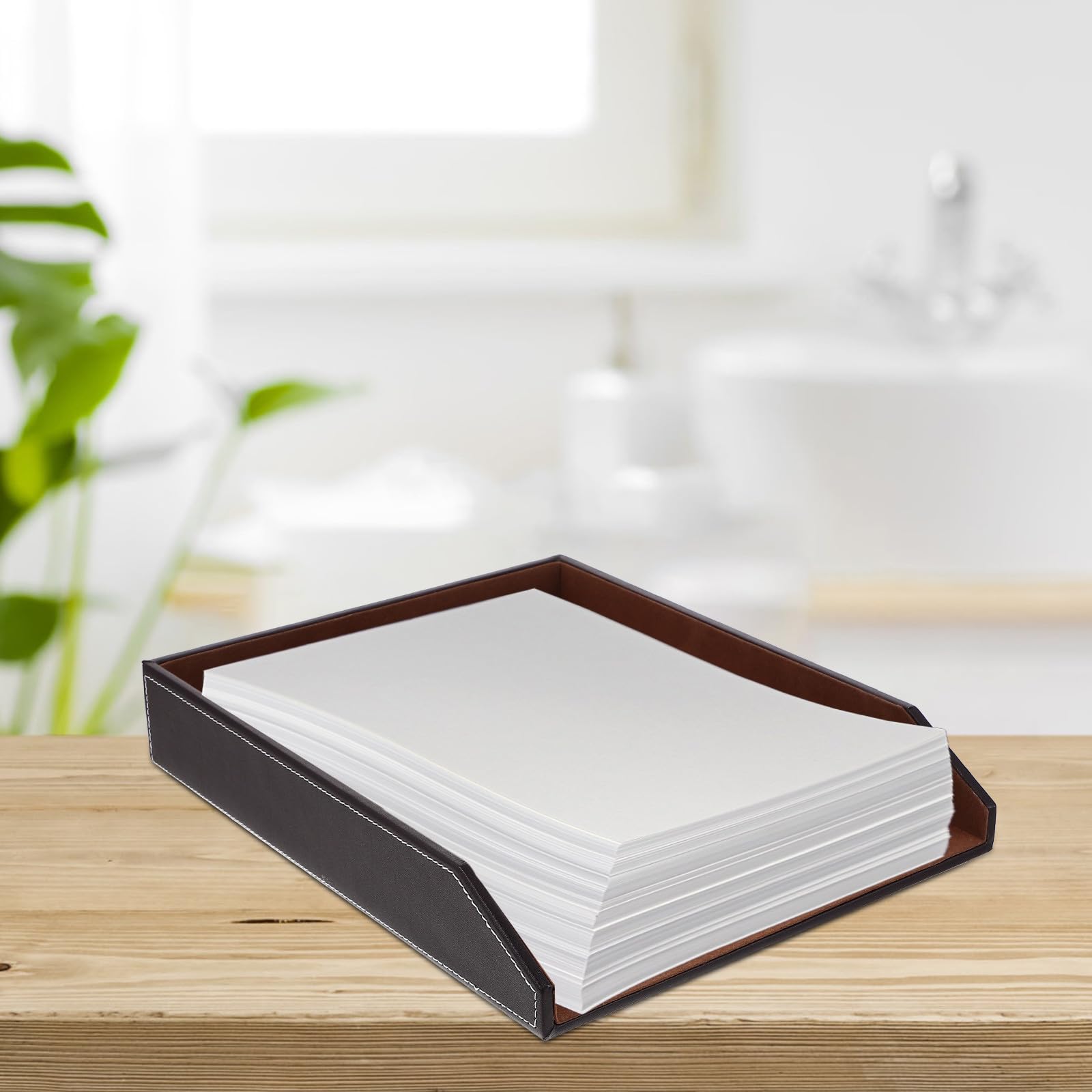 Amosfun Vaschetta Porta Documenti A4 Monostrato in Pu Coffee | Design Moderno, per Casa e Ufficio, Supporto da Tavolo, Tiene in Ordine Fascicoli e Cartelle