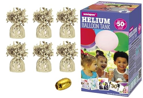 Large helium balloon canister with 6 Gold balloon weights and 10m Ribbon - Canister fills upto 50 9 inch latex balloons