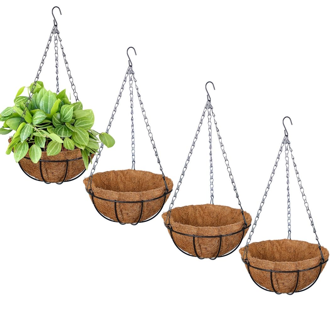 Wiszący kosz na rośliny, naturalny, 4 szt., wkładka kokosowa, wisząca doniczka, oszczędność miejsca do salonu, na balkon, do ogrodu, korytarza, biura, restauracji, zestaw z żelaza i włókna kokosowego