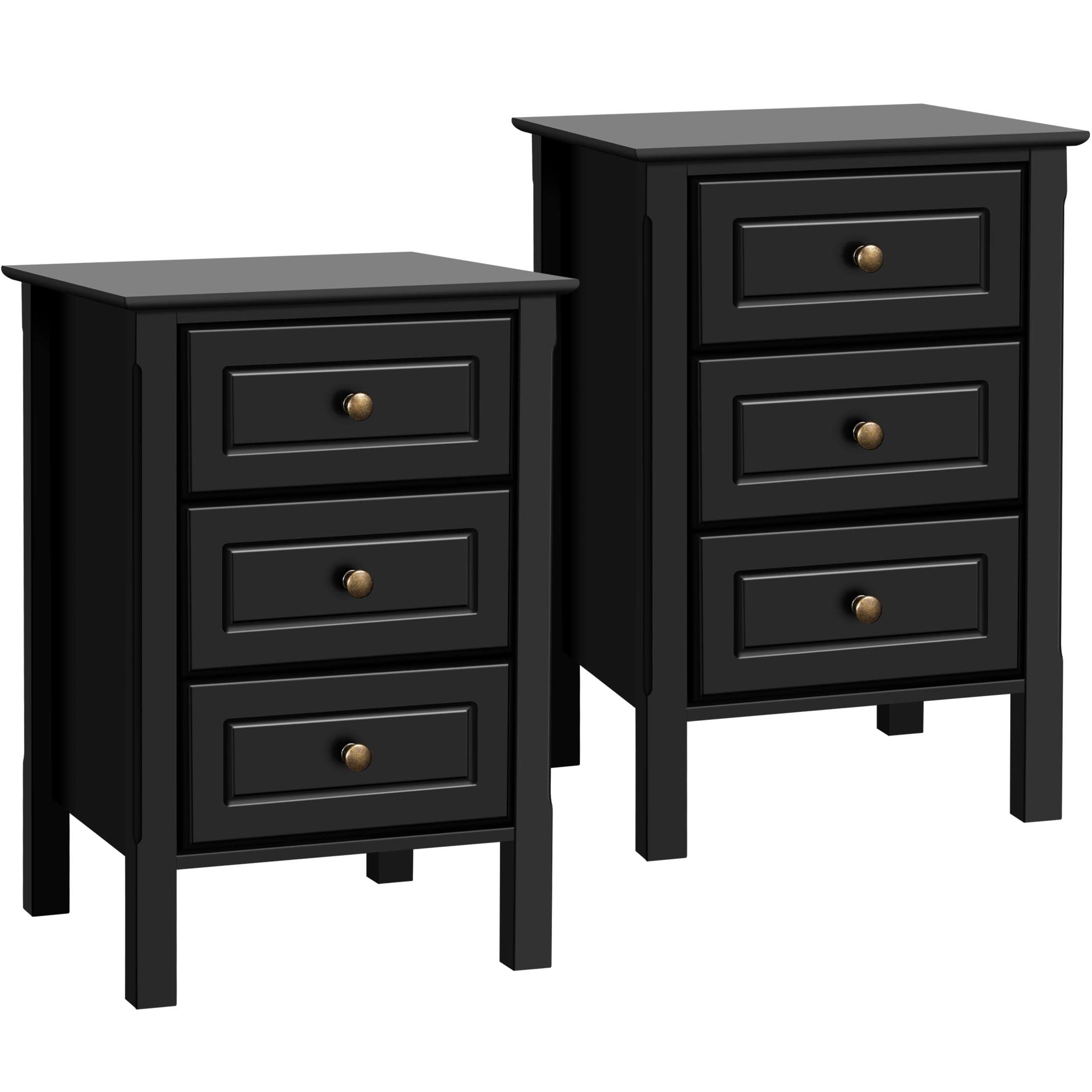 Yaheetech Bedside Tables Set of 2, Wooden Nightstand with 3 Storage Drawers, Sturdy Modern Cabinet for Bedroom Living Room Hallway, 40x40x60cm, Black