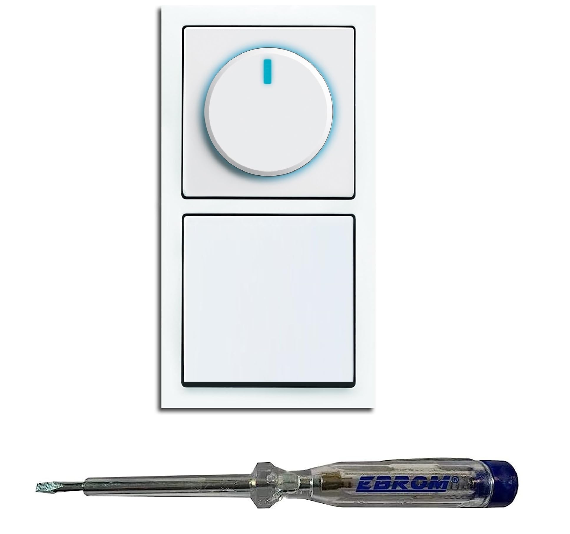 Busch Jäger 6523U-102 LED Drehdimmer Dimmer + Scheibe 6540-84-102 und Lichtschalter 2000/6 US in Future Linear Studioweiß glänzend inklusive EBROM Phasenprüfer zur Montage der Geräte (6523 U – 102)