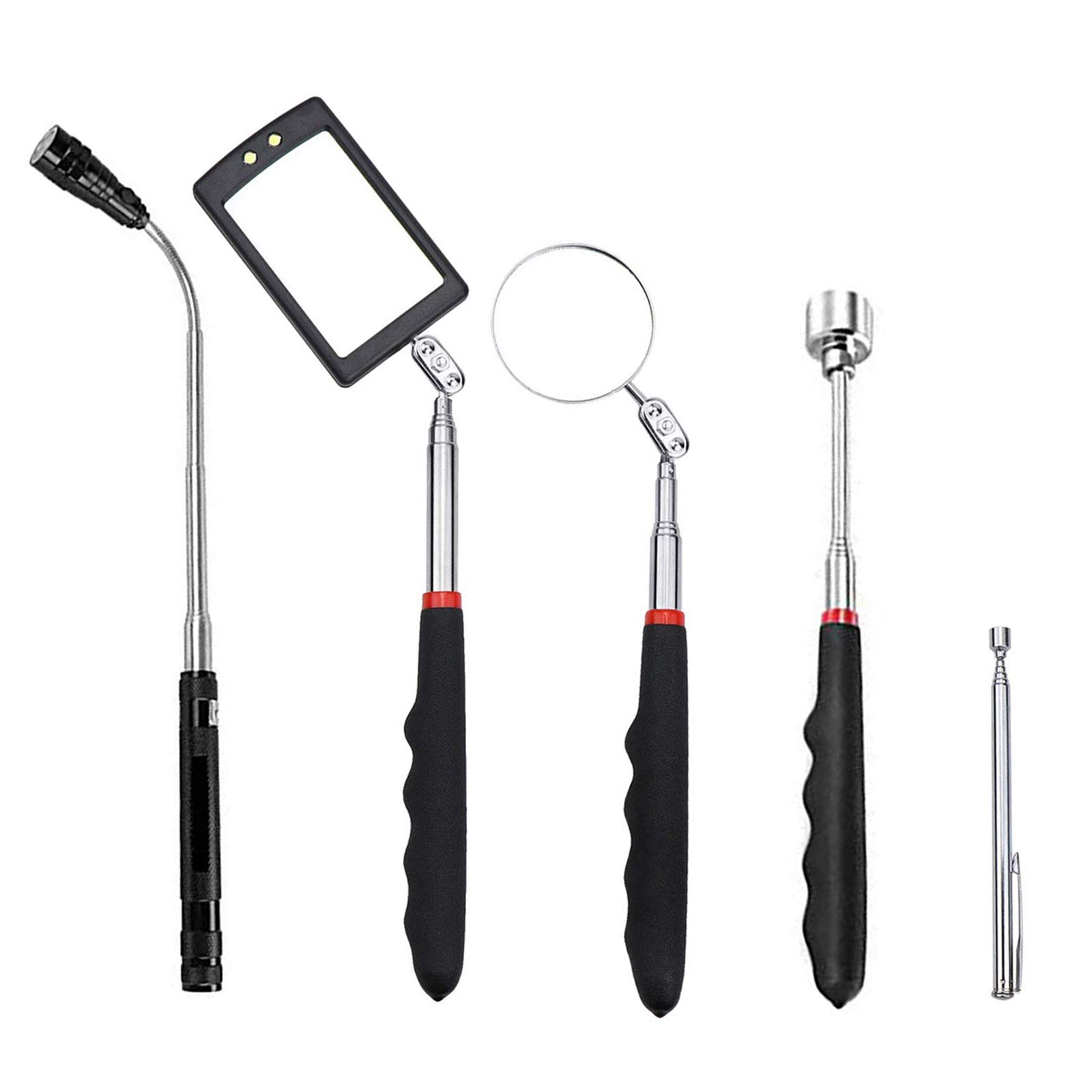 Wuudi Dark 5Pcs Magnetic Telescoping Pickup, Pick-Up Tool Kit With Telescoping Handle 360 360 Rotatable Including 8 Lb/ 1.5 Lb Pick-Up Rod, Flashlight And Round/Square Inspection Mirror