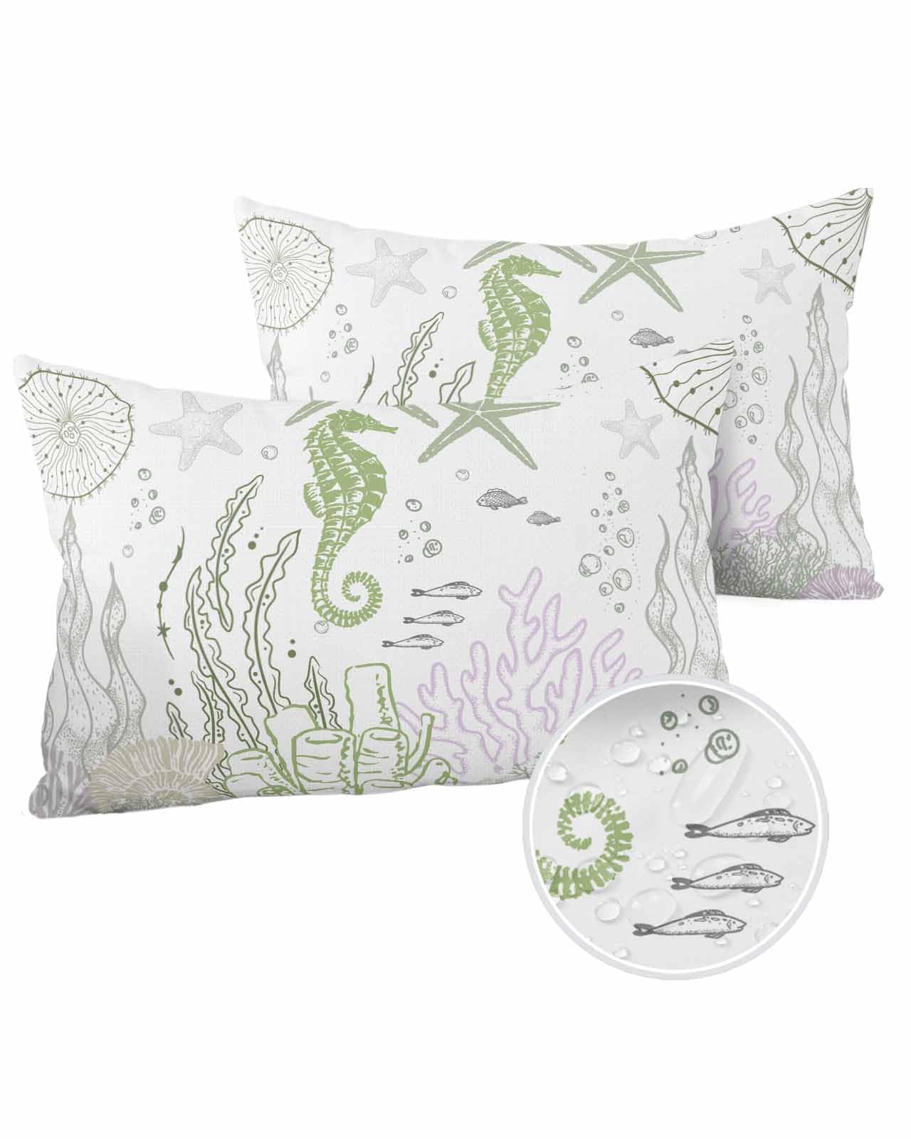 Boanket Lumbar Pillow Covers 12 x 20 In, Sage Green Coastal Waterproof Throw Pillow Cover Set of 2, Nautical Summer Beach Starfish Coral Home Decorative Rectangle Cushion Covers for Patio/Couch/Garden